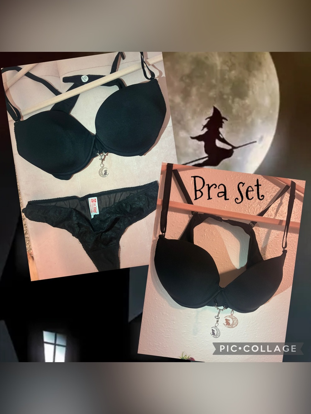🐈⬛🌙🖤🕸️Witchy goth 🐈⬛🕸️🌙🖤Black Bra & Lace Thong Set